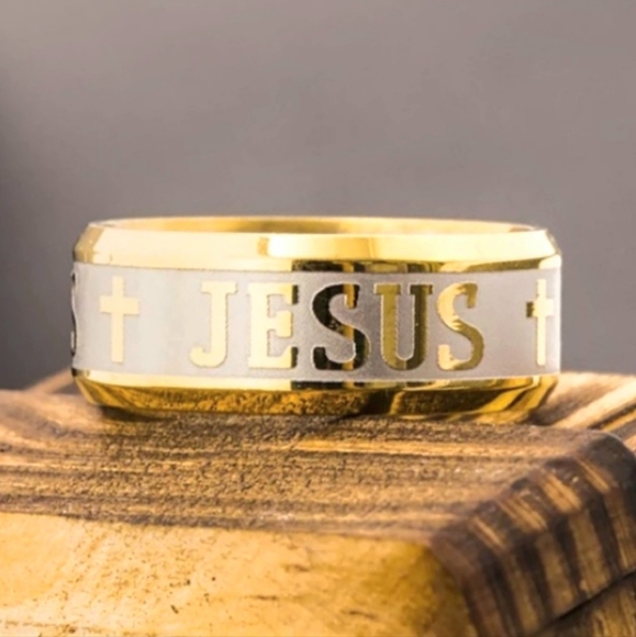 Gold Stainless Steel JESUS Insignia Emblem Embossed Engraved 8mm 8mm Band Ring - Picture 8 of 16